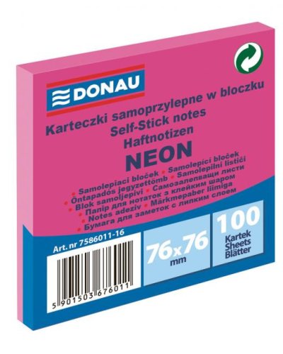 Bloček Donau neónový, 76 x 76 mm, ružový, 100 lístkov 