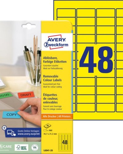 Etikety Avery odnímateľné 45,7x21,2 mm, žlté 
