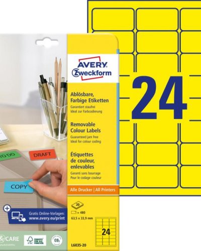 Etikety Avery odnímateľné 63,5x33,9 mm, žlté 