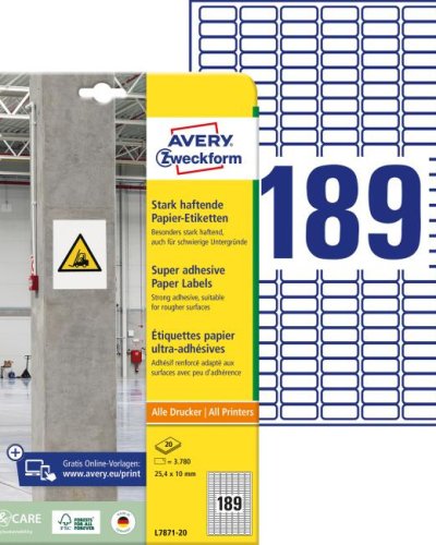 Etikety univerzálne 25,4x10mm Avery A4, silne lepivé 20 hárkov 