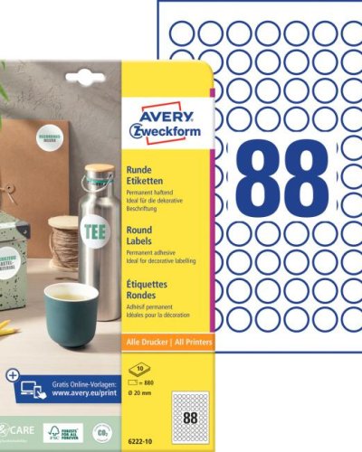 Etikety univerzálne kruhové 20mm Avery A4 10 hárkov 