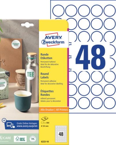 Etikety univerzálne kruhové 30mm Avery A4 10 hárkov 
