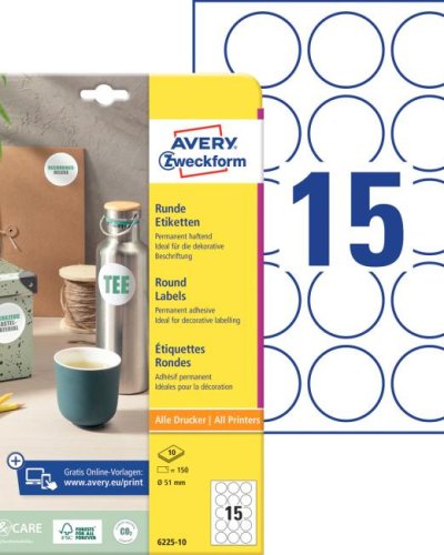 Etikety univerzálne kruhové 51mm Avery A4 10 hárkov 